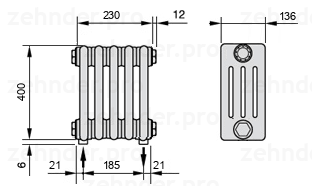 Схема (чертеж) Радиатор Zehnder Charleston 4040/5 №5310 Белый глянцевый RAL 9016